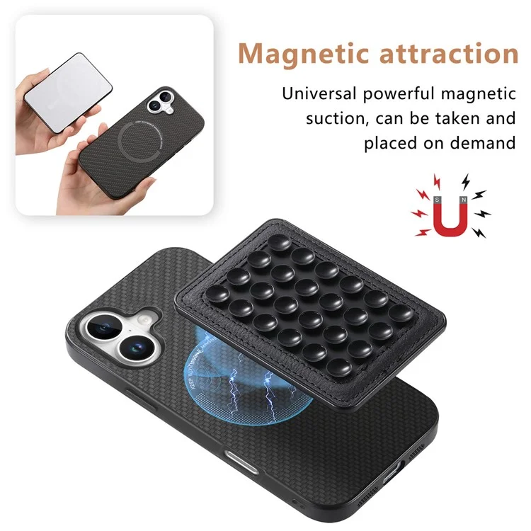 For iPhone 16 Case Carbon Fiber Texture Leather Back Cover with Magnetic Detachable Suction Cup - Black