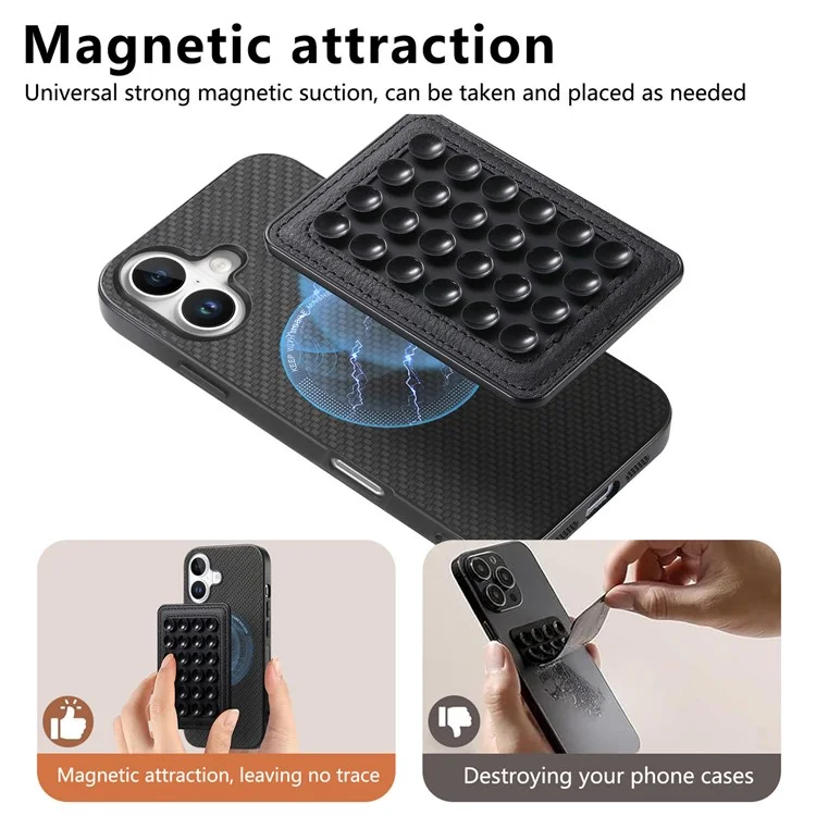 For iPhone 16 Case Carbon Fiber Texture Leather Back Cover with Magnetic Detachable Suction Cup - Black