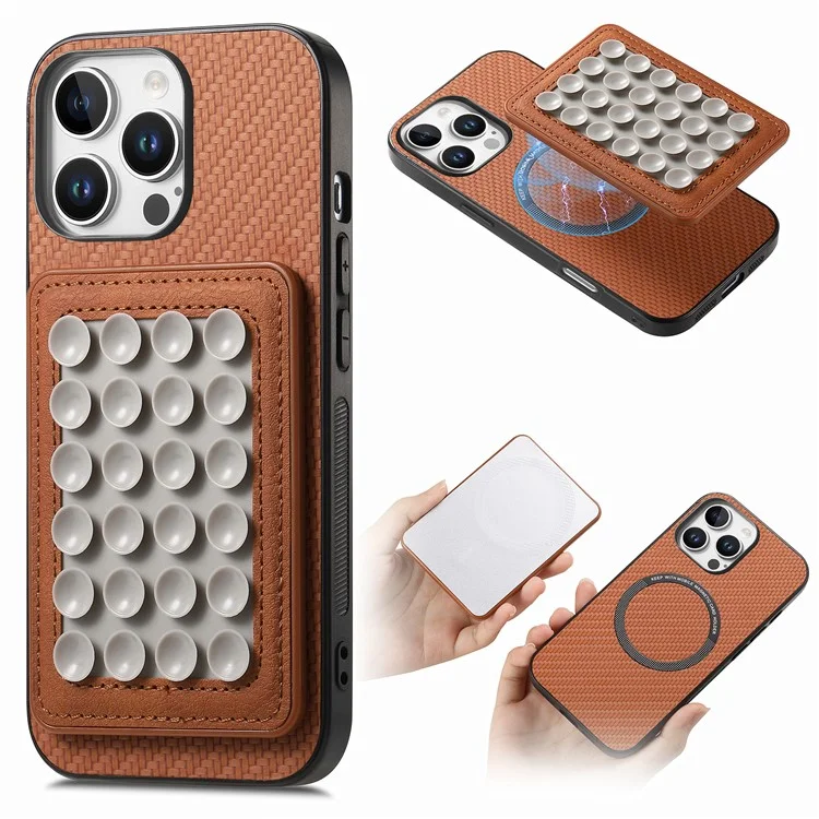 Per Iphone 16 Pro Case Carbon Fibre Texture Cover in Pelle Con Una Tazza di Aspirazione Staccabile Magnetica - Marrone