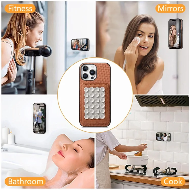 Per Iphone 16 Pro Case Carbon Fibre Texture Cover in Pelle Con Una Tazza di Aspirazione Staccabile Magnetica - Marrone