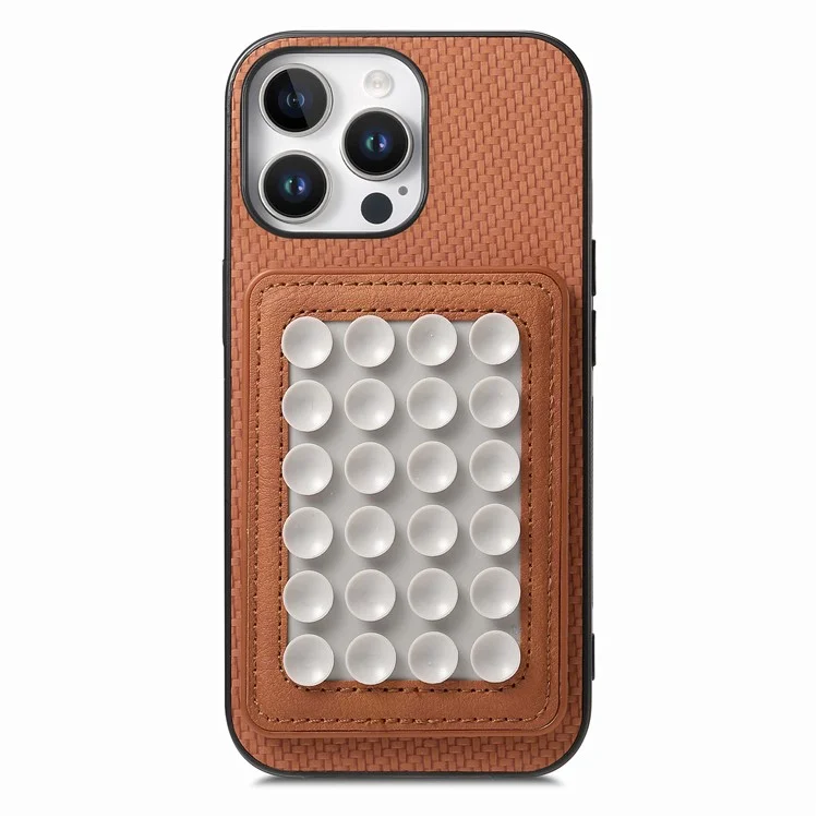 Per Iphone 16 Pro Case Carbon Fibre Texture Cover in Pelle Con Una Tazza di Aspirazione Staccabile Magnetica - Marrone