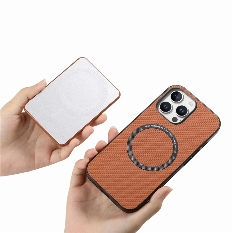 Per Iphone 16 Pro Case Carbon Fibre Texture Cover in Pelle Con Una Tazza di Aspirazione Staccabile Magnetica - Marrone