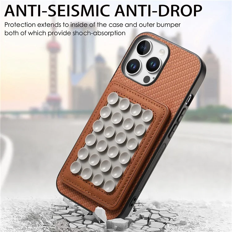 Per Iphone 16 Pro Case Carbon Fibre Texture Cover in Pelle Con Una Tazza di Aspirazione Staccabile Magnetica - Marrone