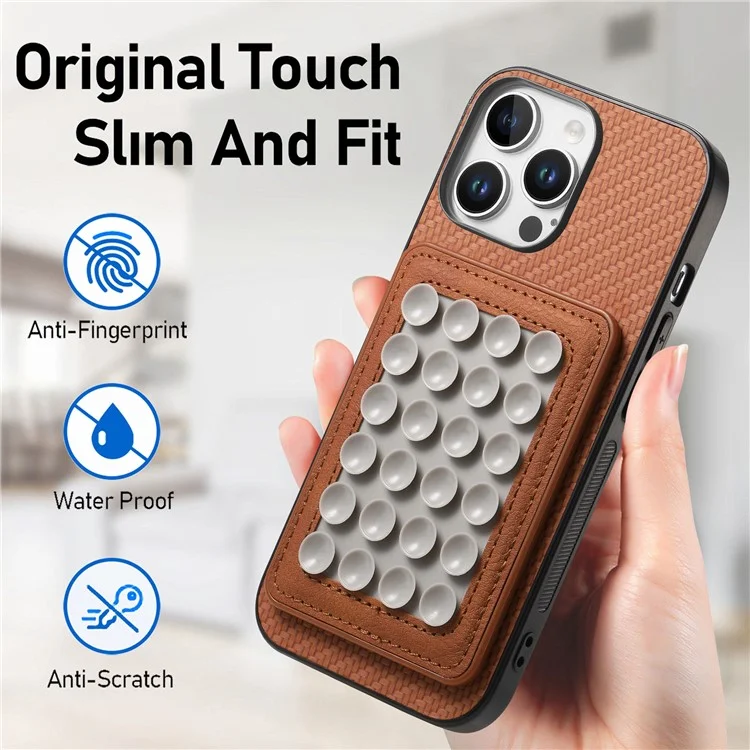 Per Iphone 16 Pro Case Carbon Fibre Texture Cover in Pelle Con Una Tazza di Aspirazione Staccabile Magnetica - Marrone