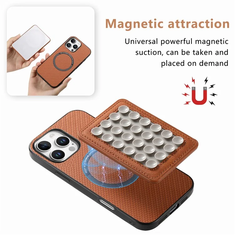 Per Iphone 16 Pro Case Carbon Fibre Texture Cover in Pelle Con Una Tazza di Aspirazione Staccabile Magnetica - Marrone