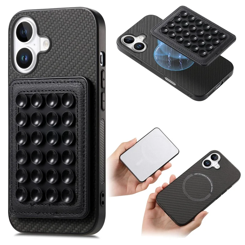 For iPhone 16 Plus Case Carbon Fiber Texture Leather Back Cover with Magnetic Detachable Suction Cup - Black