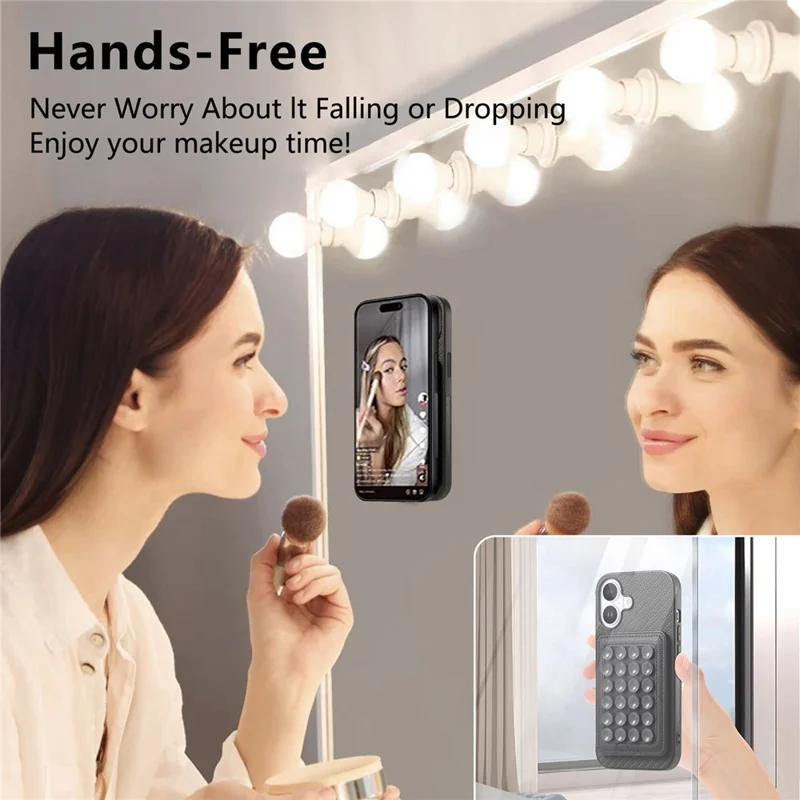 For iPhone 16 Plus Case Carbon Fiber Texture Leather Back Cover with Magnetic Detachable Suction Cup - Black