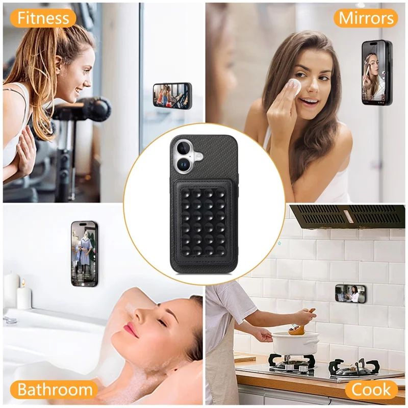 For iPhone 16 Plus Case Carbon Fiber Texture Leather Back Cover with Magnetic Detachable Suction Cup - Black