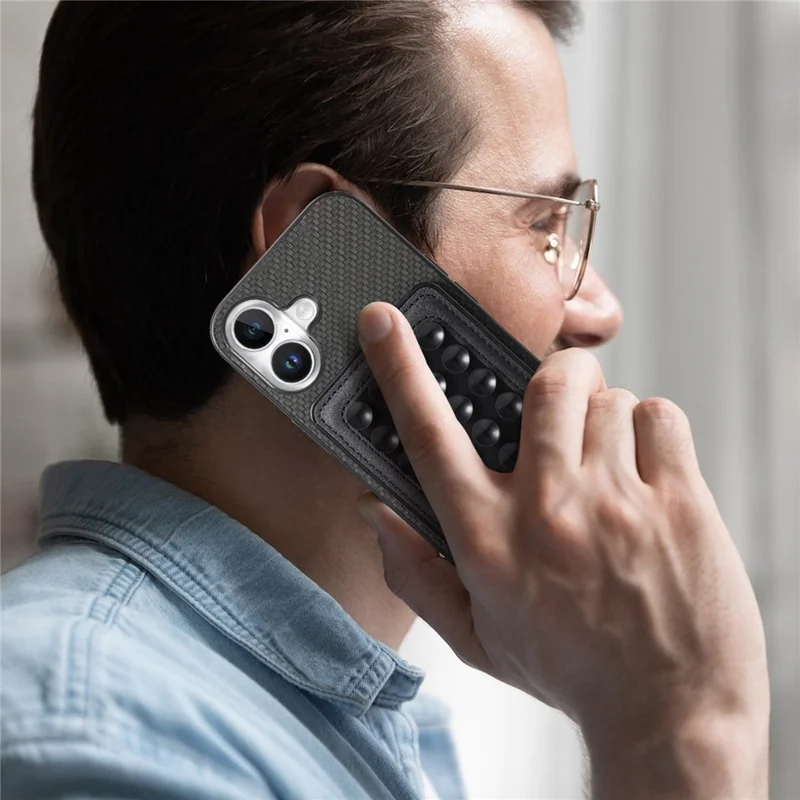 For iPhone 16 Plus Case Carbon Fiber Texture Leather Back Cover with Magnetic Detachable Suction Cup - Black