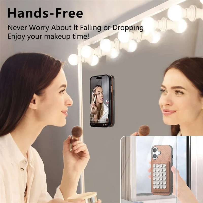 For iPhone 16 Plus Case Carbon Fiber Texture Leather Back Cover with Magnetic Detachable Suction Cup - Brown