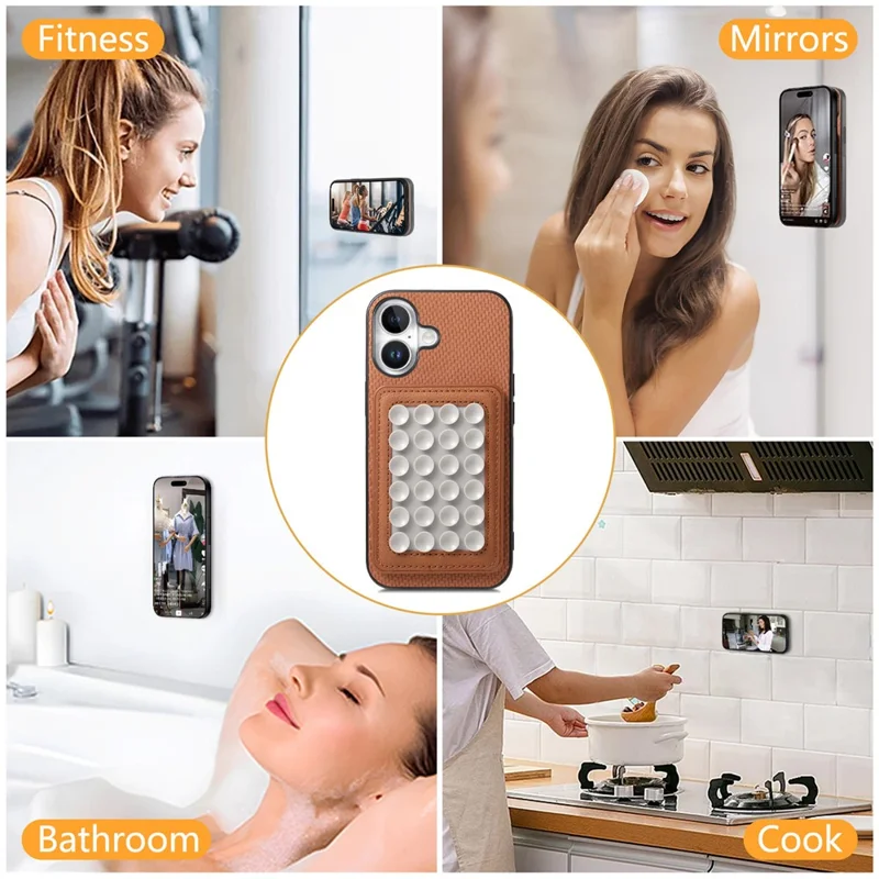 For iPhone 16 Plus Case Carbon Fiber Texture Leather Back Cover with Magnetic Detachable Suction Cup - Brown