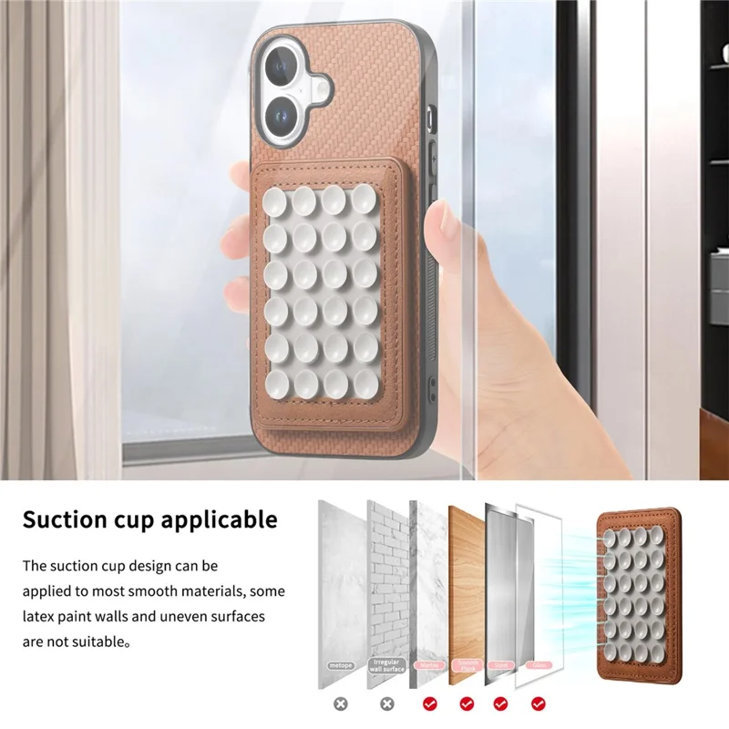For iPhone 16 Plus Case Carbon Fiber Texture Leather Back Cover with Magnetic Detachable Suction Cup - Brown