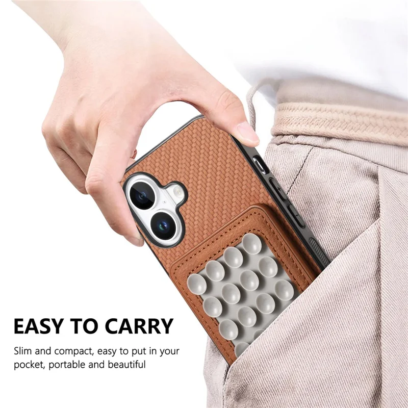 For iPhone 16 Plus Case Carbon Fiber Texture Leather Back Cover with Magnetic Detachable Suction Cup - Brown