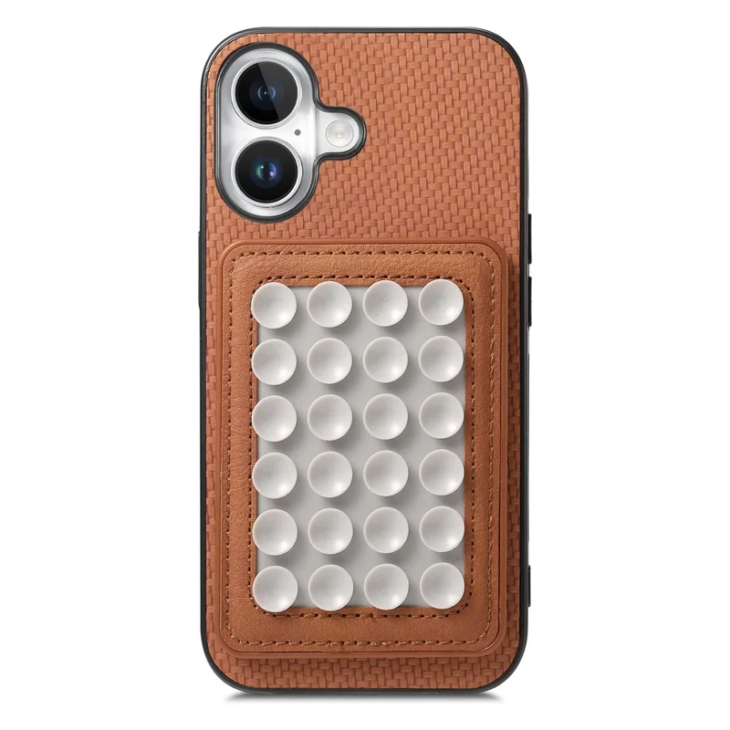 For iPhone 16 Plus Case Carbon Fiber Texture Leather Back Cover with Magnetic Detachable Suction Cup - Brown