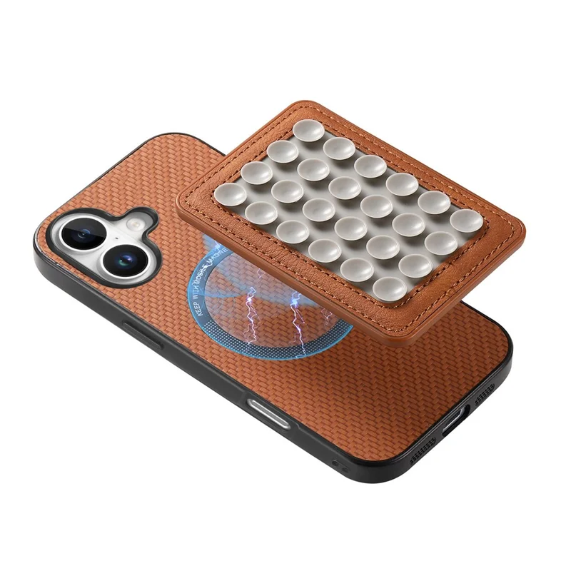 For iPhone 16 Plus Case Carbon Fiber Texture Leather Back Cover with Magnetic Detachable Suction Cup - Brown