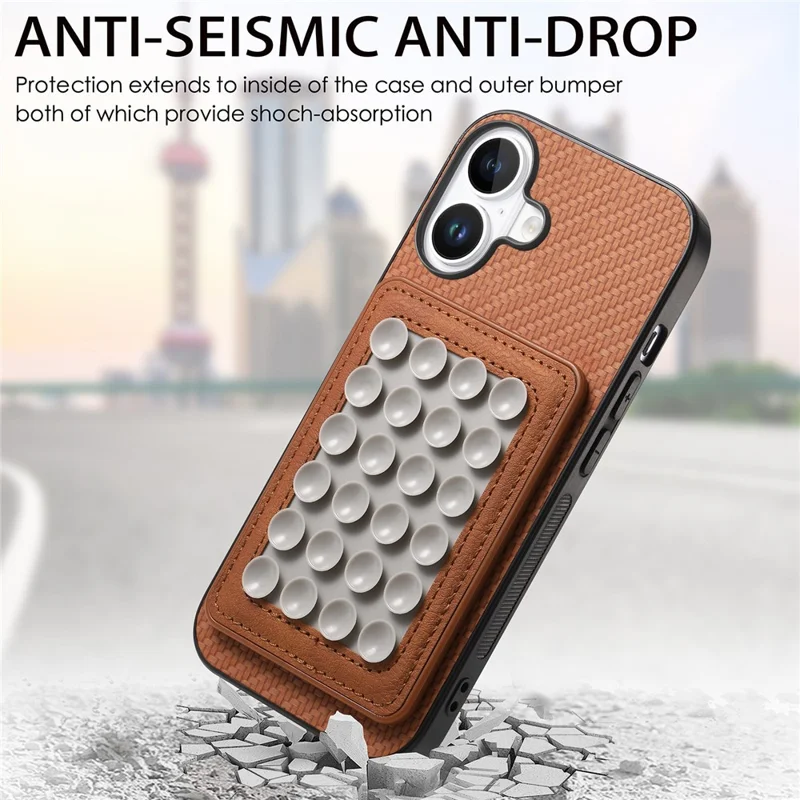 For iPhone 16 Plus Case Carbon Fiber Texture Leather Back Cover with Magnetic Detachable Suction Cup - Brown