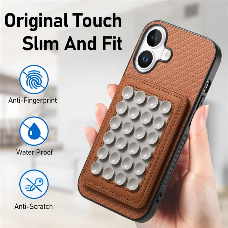 For iPhone 16 Plus Case Carbon Fiber Texture Leather Back Cover with Magnetic Detachable Suction Cup - Brown