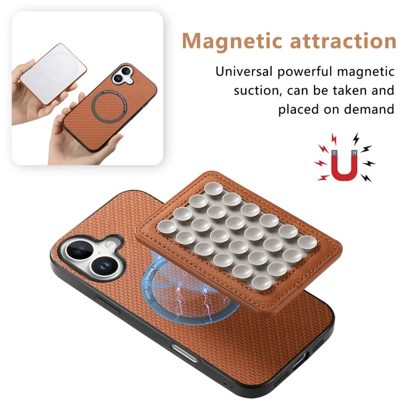 For iPhone 16 Plus Case Carbon Fiber Texture Leather Back Cover with Magnetic Detachable Suction Cup - Brown