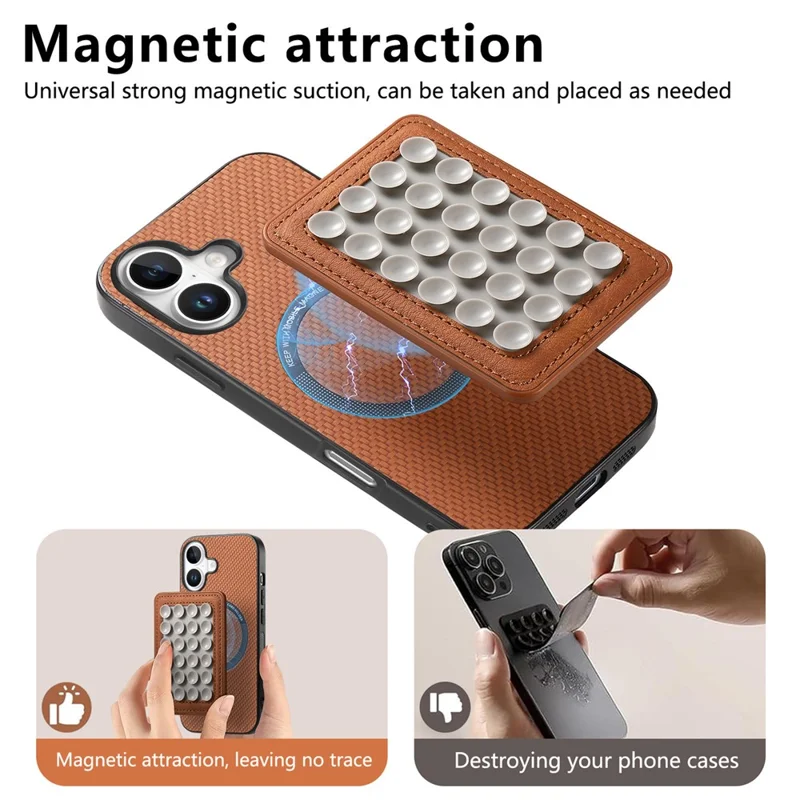 For iPhone 16 Plus Case Carbon Fiber Texture Leather Back Cover with Magnetic Detachable Suction Cup - Brown