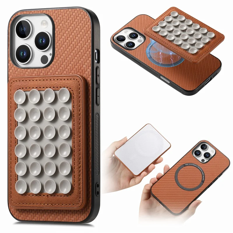 Для Iphone 16 Pro Max Case Case Carbon Fiber Texture Кожаная Крышка с Магнитной Съемной Всасывающей Чашкой - Коричневый