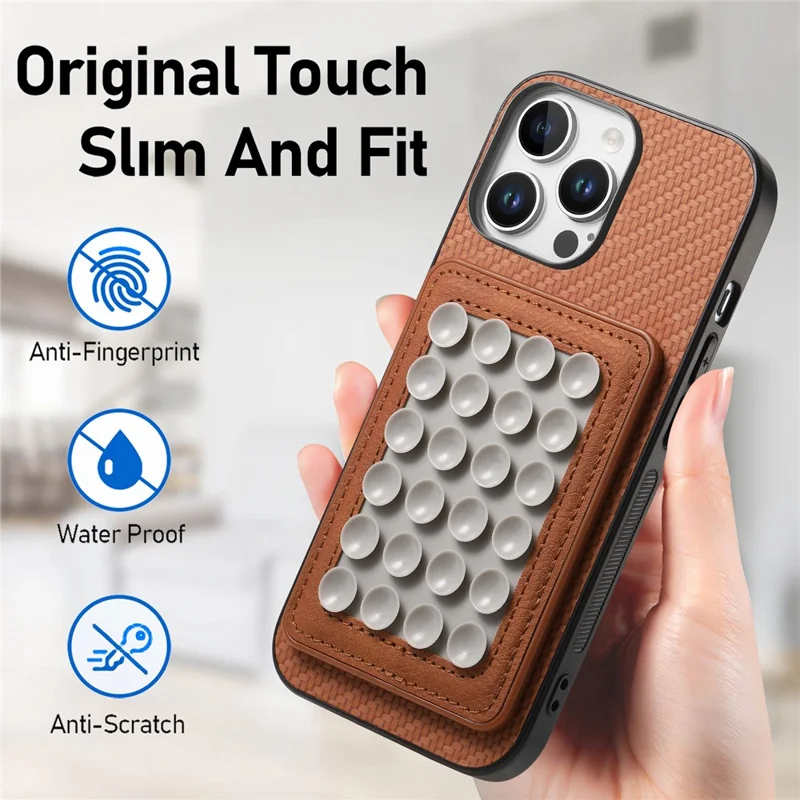 Для Iphone 16 Pro Max Case Case Carbon Fiber Texture Кожаная Крышка с Магнитной Съемной Всасывающей Чашкой - Коричневый