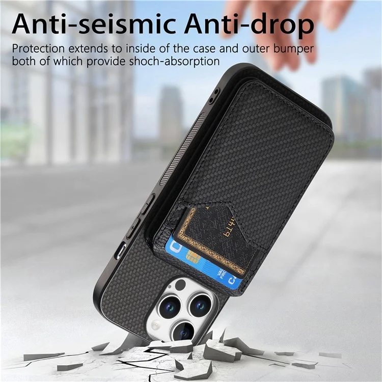 For iPhone 16 Pro Magnetic Case Carbon Fiber Texture Back Cover with Detachable Card Holder - Black