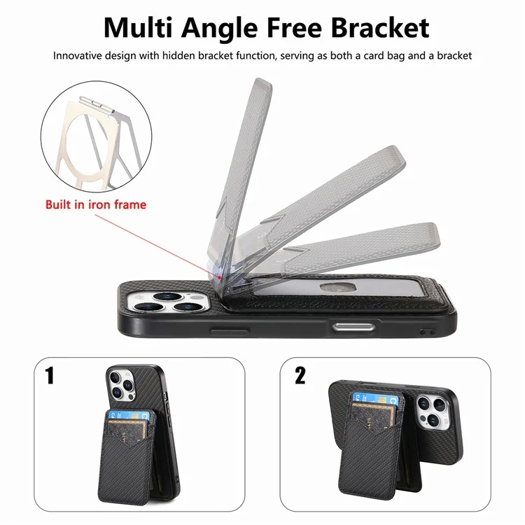 For iPhone 16 Pro Magnetic Case Carbon Fiber Texture Back Cover with Detachable Card Holder - Black