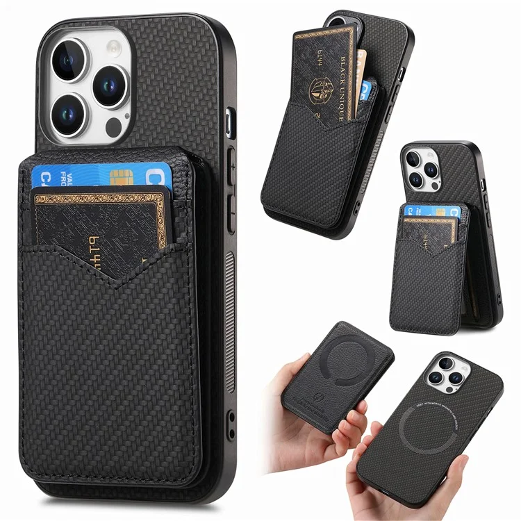 Para Iphone 16 Pro Max Case Carbon Fiber Texture Leather+TPU Kickstand Tope Topicultura de Tarjeta Desmontable - Negro