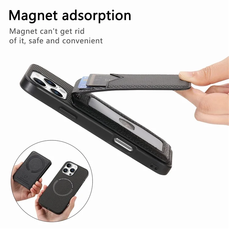 Para Iphone 16 Pro Max Case Carbon Fiber Texture Leather+TPU Kickstand Tope Topicultura de Tarjeta Desmontable - Negro