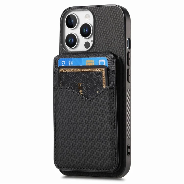 Para Iphone 16 Pro Max Case Carbon Fiber Texture Leather+TPU Kickstand Tope Topicultura de Tarjeta Desmontable - Negro