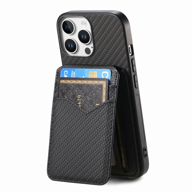 Para Iphone 16 Pro Max Case Carbon Fiber Texture Leather+TPU Kickstand Tope Topicultura de Tarjeta Desmontable - Negro