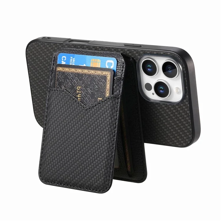 Para Iphone 16 Pro Max Case Carbon Fiber Texture Leather+TPU Kickstand Tope Topicultura de Tarjeta Desmontable - Negro