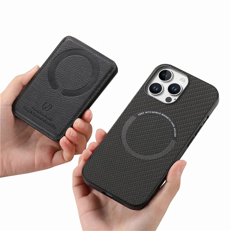 Para Iphone 16 Pro Max Case Carbon Fiber Texture Leather+TPU Kickstand Tope Topicultura de Tarjeta Desmontable - Negro
