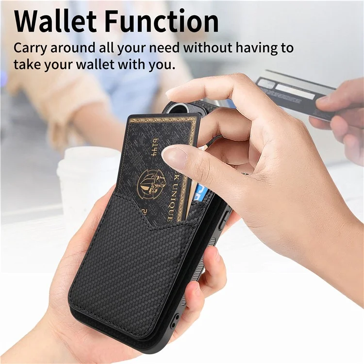 Para Iphone 16 Pro Max Case Carbon Fiber Texture Leather+TPU Kickstand Tope Topicultura de Tarjeta Desmontable - Negro