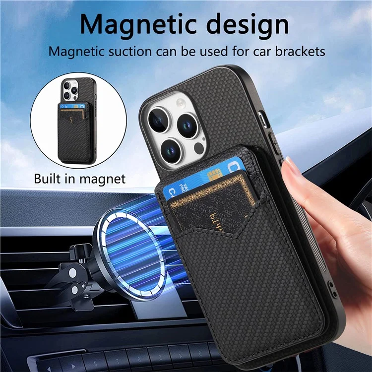 Para Iphone 16 Pro Max Case Carbon Fiber Texture Leather+TPU Kickstand Tope Topicultura de Tarjeta Desmontable - Negro