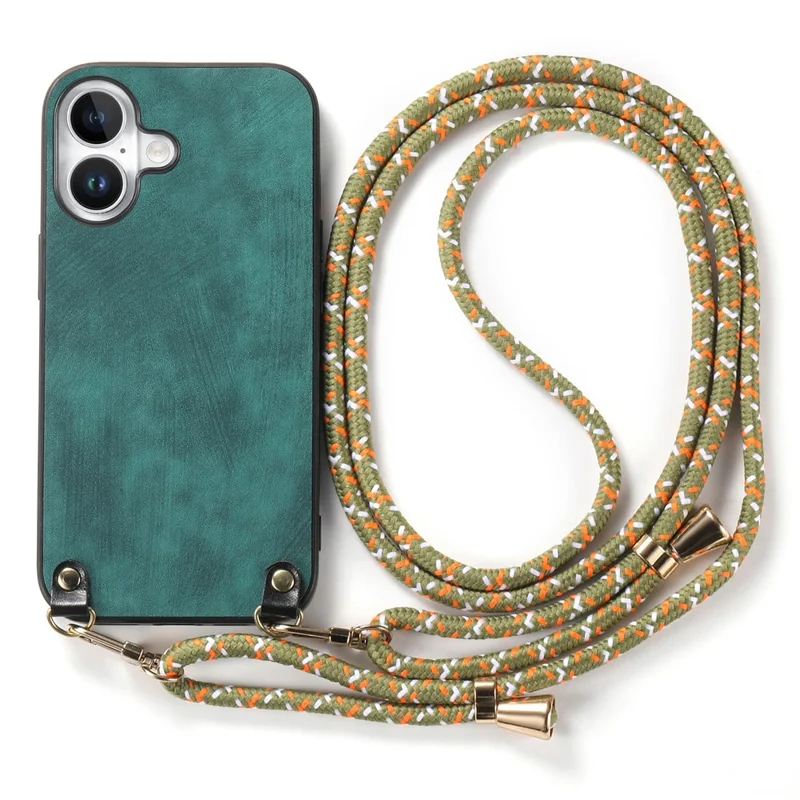 For iPhone 16 Case Retro Texture Leather Coated PC+TPU Phone Cover with Hanging Rope - Green