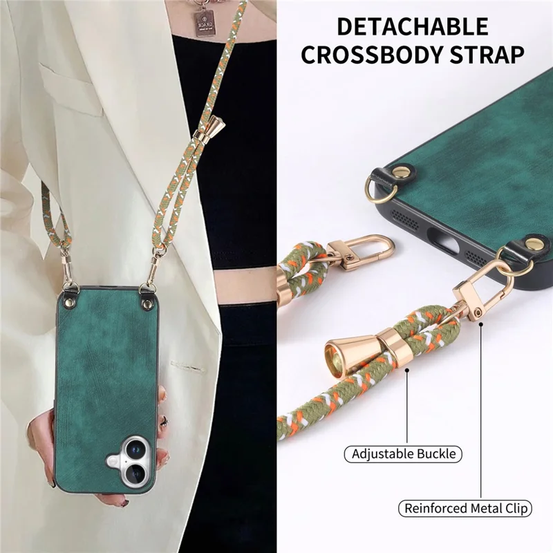 For iPhone 16 Case Retro Texture Leather Coated PC+TPU Phone Cover with Hanging Rope - Green
