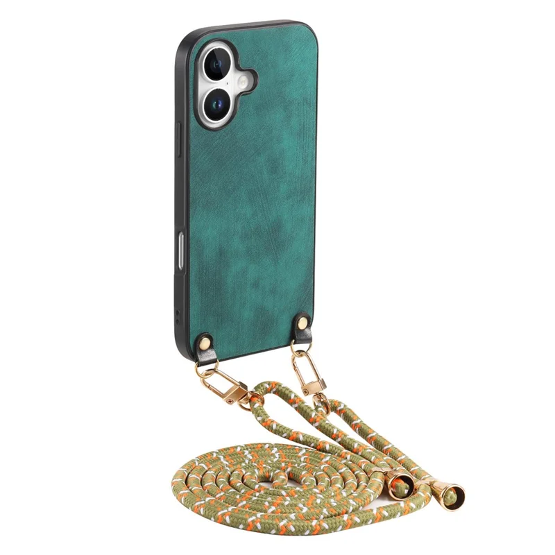 For iPhone 16 Plus Case Retro Texture Leather Coated PC+TPU Phone Cover with Hanging Rope - Green