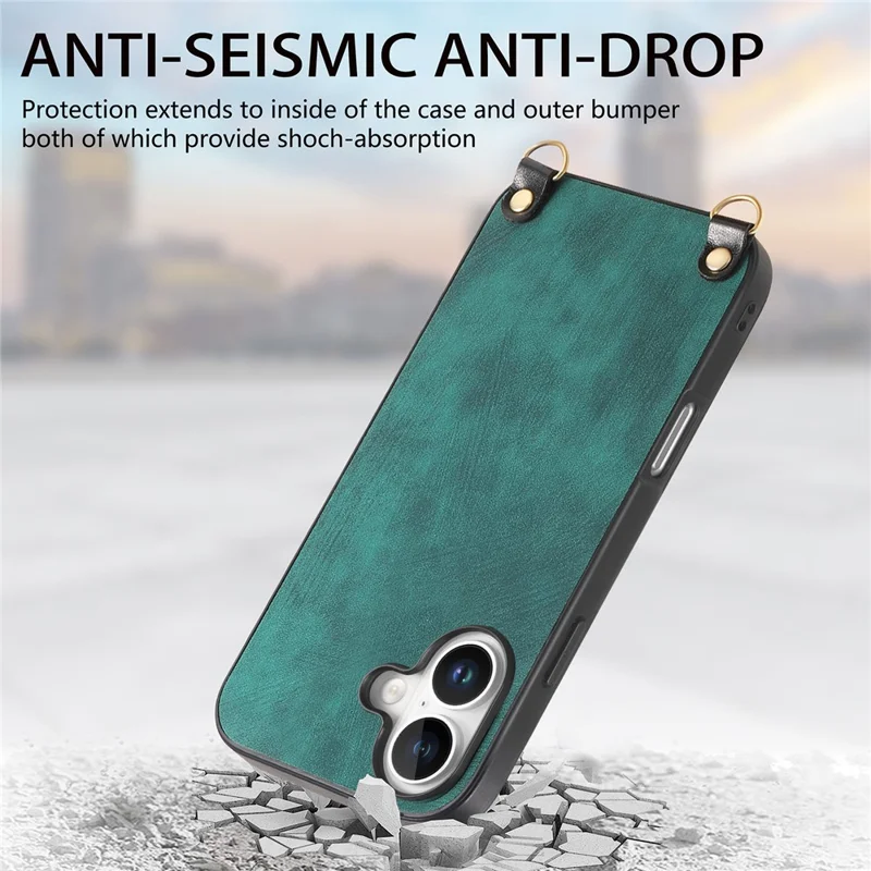 For iPhone 16 Plus Case Retro Texture Leather Coated PC+TPU Phone Cover with Hanging Rope - Green