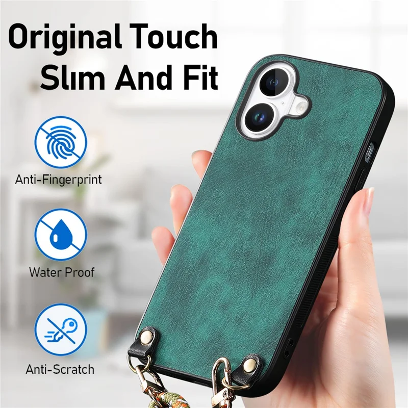 For iPhone 16 Plus Case Retro Texture Leather Coated PC+TPU Phone Cover with Hanging Rope - Green
