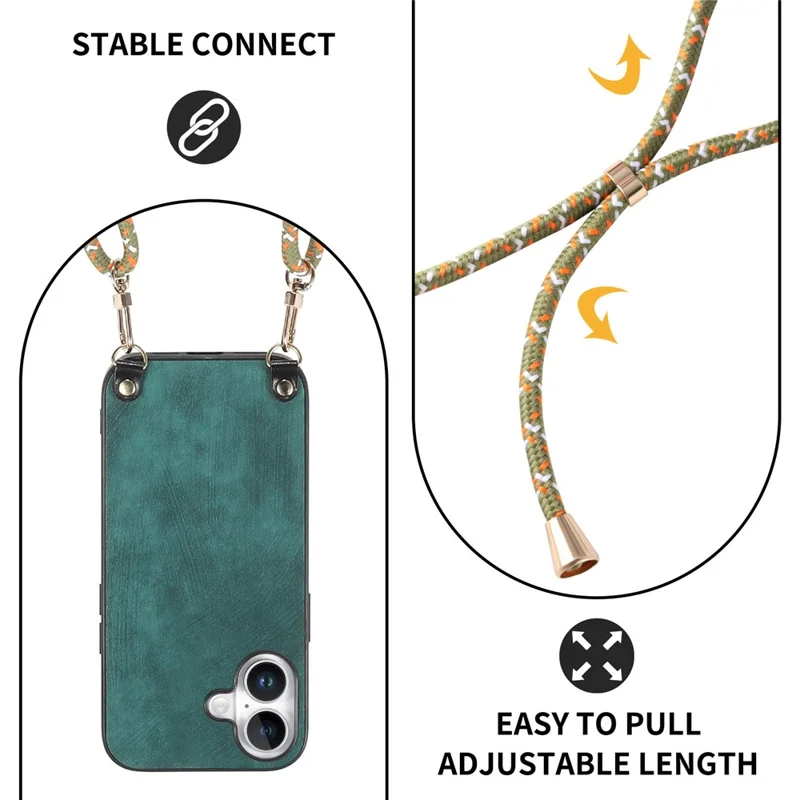 For iPhone 16 Plus Case Retro Texture Leather Coated PC+TPU Phone Cover with Hanging Rope - Green