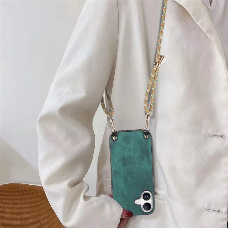 For iPhone 16 Plus Case Retro Texture Leather Coated PC+TPU Phone Cover with Hanging Rope - Green