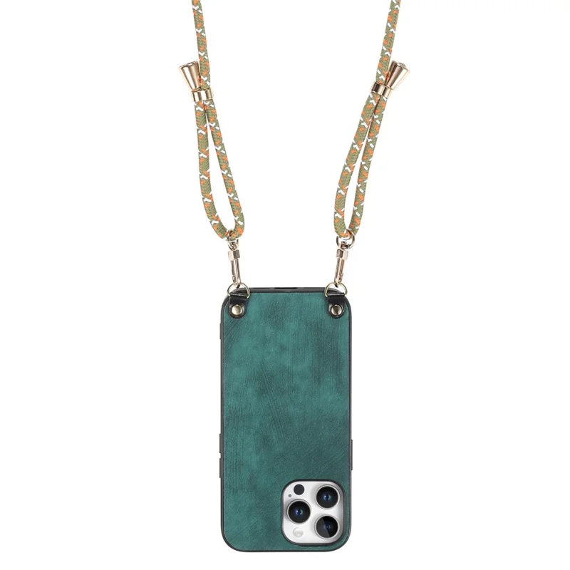 For iPhone 16 Pro Case Retro Texture Leather Coated PC+TPU Phone Cover with Hanging Rope - Green