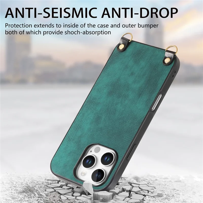 For iPhone 16 Pro Case Retro Texture Leather Coated PC+TPU Phone Cover with Hanging Rope - Green