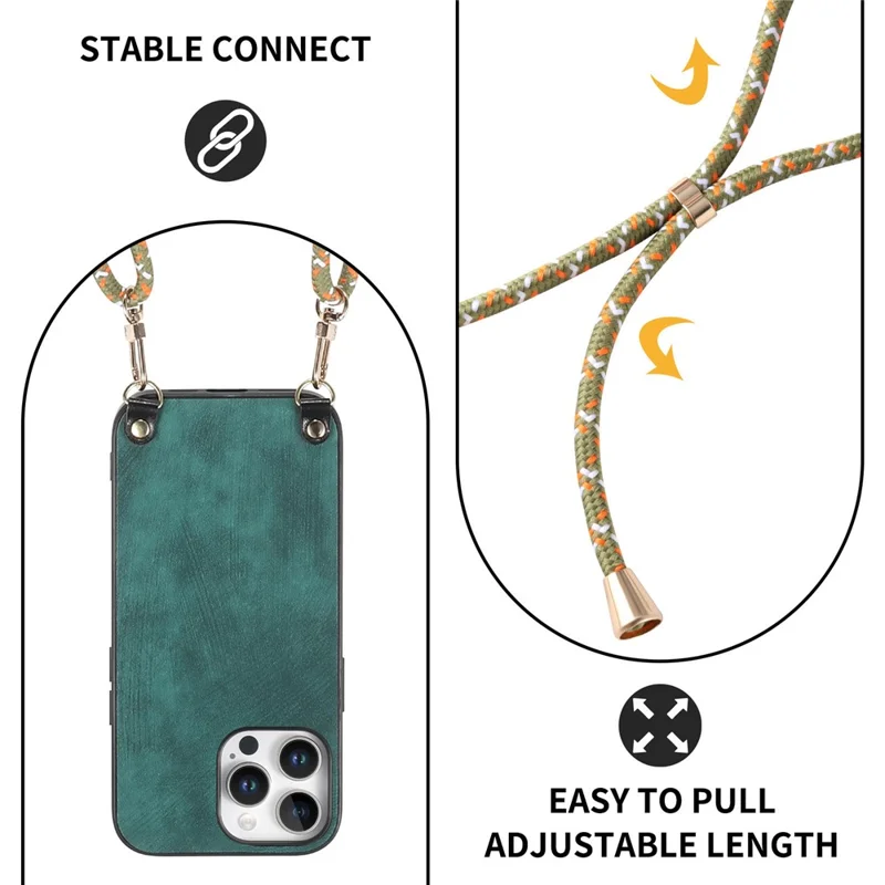 For iPhone 16 Pro Case Retro Texture Leather Coated PC+TPU Phone Cover with Hanging Rope - Green