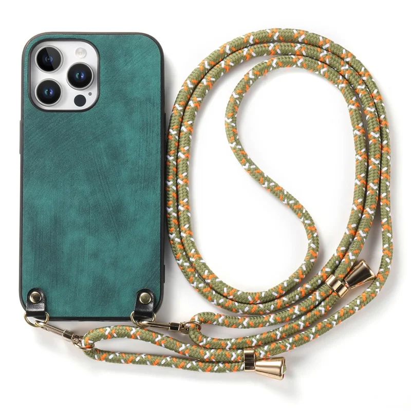 For iPhone 16 Pro Max Case Retro Texture Leather Coated PC+TPU Phone Cover with Hanging Rope - Green