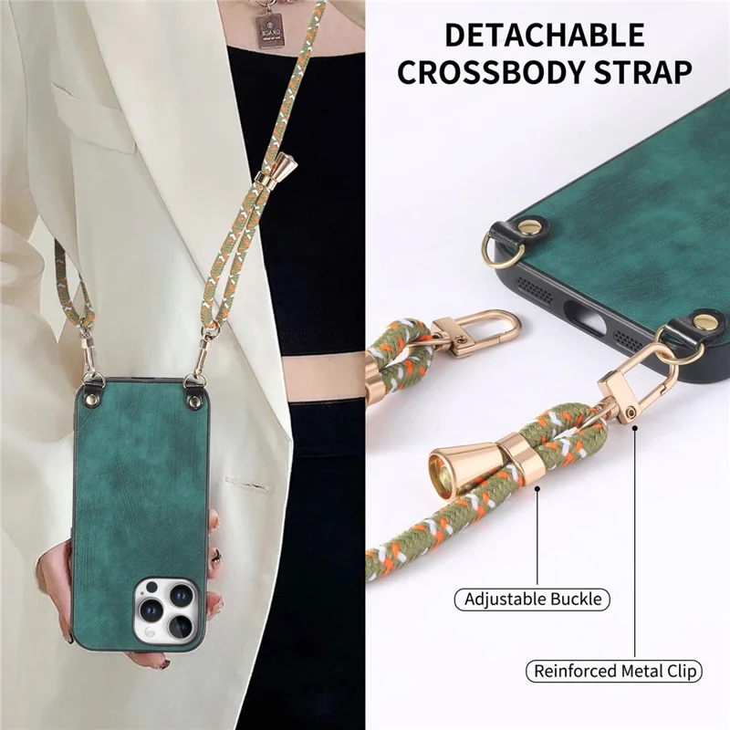 For iPhone 16 Pro Max Case Retro Texture Leather Coated PC+TPU Phone Cover with Hanging Rope - Green