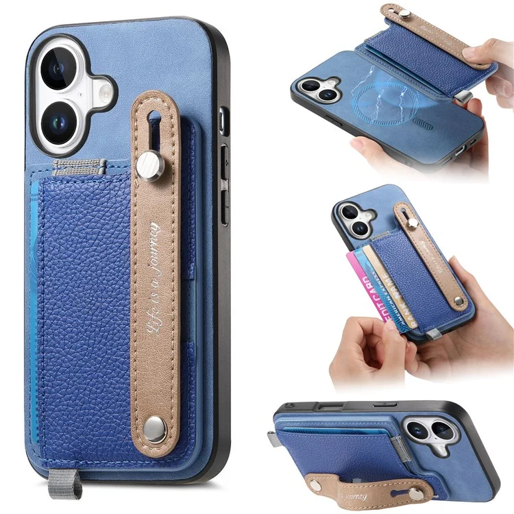Para Iphone 16 Case Wrist Band Kickstand Leather+TPU Tampo do Telefone Destacável Suporte Para Cartão - Azul