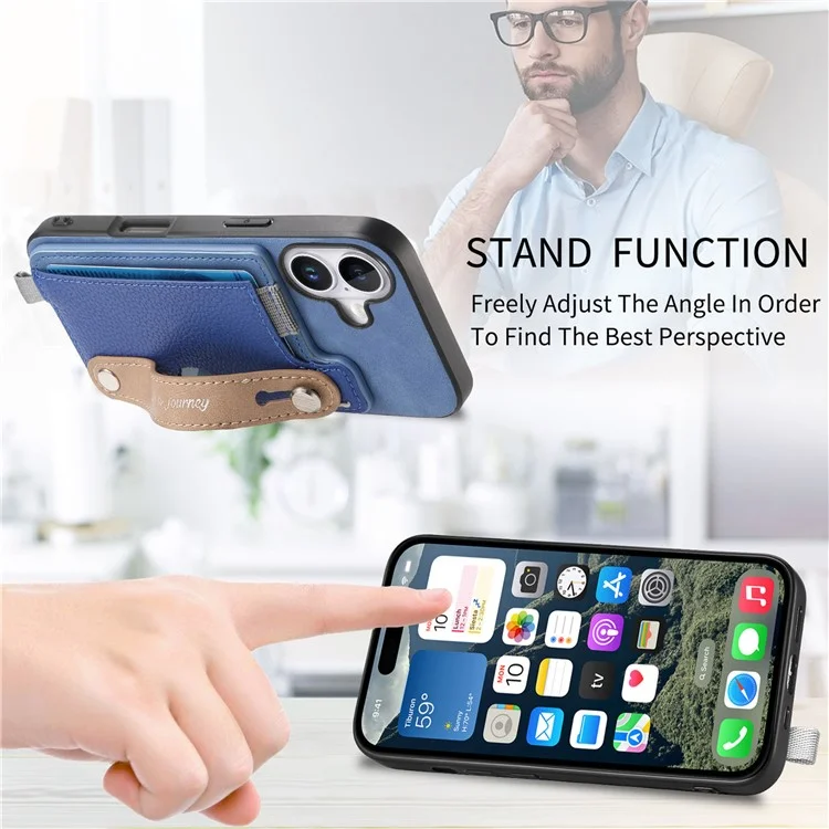 Para Iphone 16 Case Wrist Band Kickstand Leather+TPU Tampo do Telefone Destacável Suporte Para Cartão - Azul