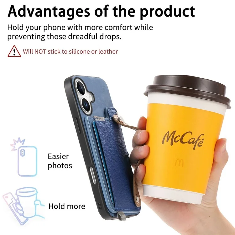 Para Iphone 16 Case Wrist Band Kickstand Leather+TPU Tampo do Telefone Destacável Suporte Para Cartão - Azul